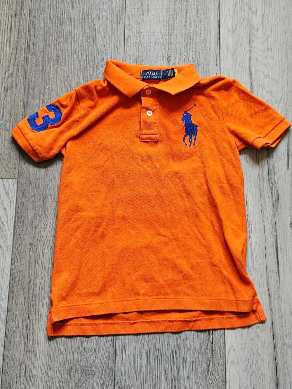 Polo Ralph Lauren Boys Size 6 Big Pony Polo Shirt Orange Blue Number 3 Patch 6